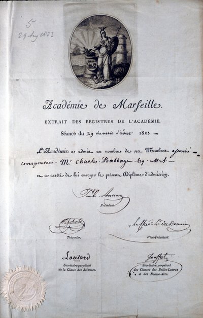 Babbage Diploma van de Academie de Marseilles door Unbekannt