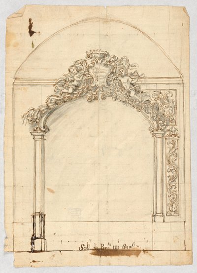 Tekening, Beeldhouwwerk boven de deur door Unbekannt