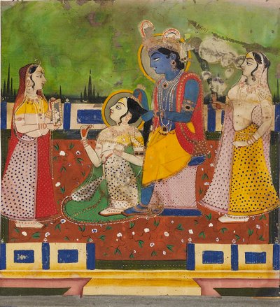 Radha en Krishna op een terras door Unbekannt