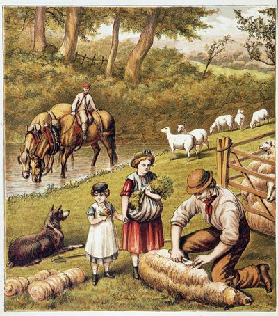 Schapen scheren - chromolithografie door Unknown artist