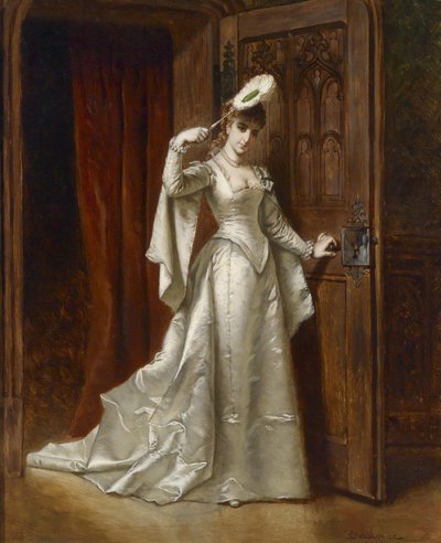 Elegante dame in witte damastjurk door Władysław Bakałowicz