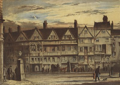 Oude huizen, Holborn Bars (chromolitho) door Waldo Sargeant