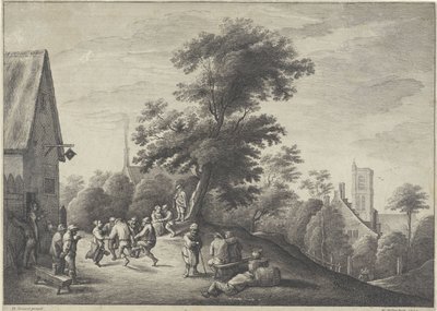 Dansende boeren voor een herberg door Wenceslaus Hollar