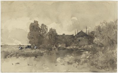 Landschap met boerderij door Willem Roelofs (I)