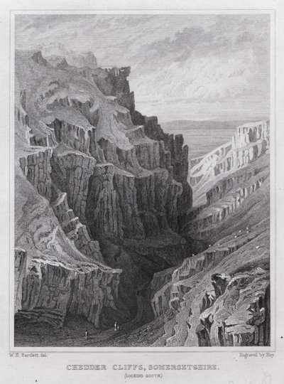 Chedder Cliffs, Somersetshire, kijkend naar het zuiden (gravure) door William H. Bartlett