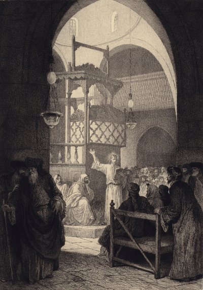 Jezus in de synagoge door after Albert Robida