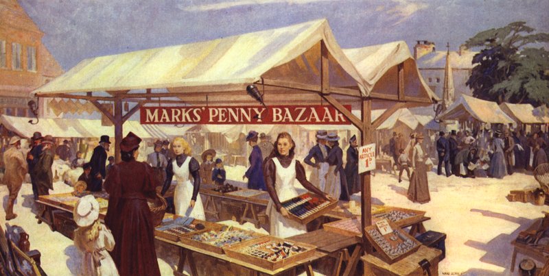 Een Artistieke Impressie van Marks Penny Bazaar opgericht in 1884 door Michael Marks, vader van Sir Simon Marks door English School