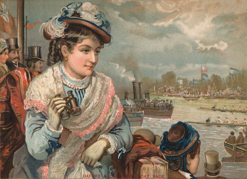 Dame die de Oxford en Cambridge bootrace bekijkt, ca. 1890 door English School