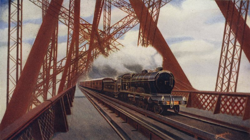 The Flying Scotchman over de Forth Bridge, North British Railway door English School