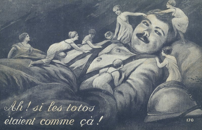 Kleine vrouwen klimmen over een soldaat door French School