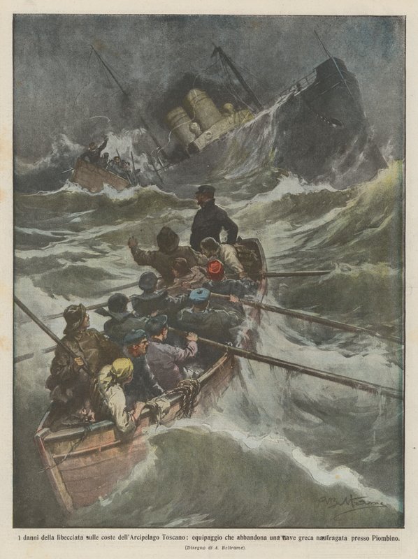 De schade van de storm op de kusten van de Toscaanse Archipel, bemanning verlaat een schip door Achille Beltrame