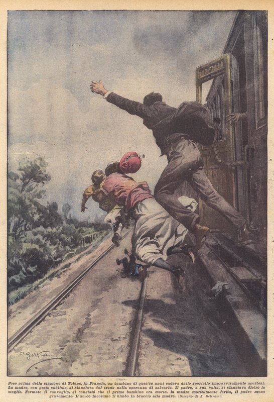 Kort voor het station van Toulon, in Frankrijk, viel een vierjarig kind uit het raam... door Achille Beltrame