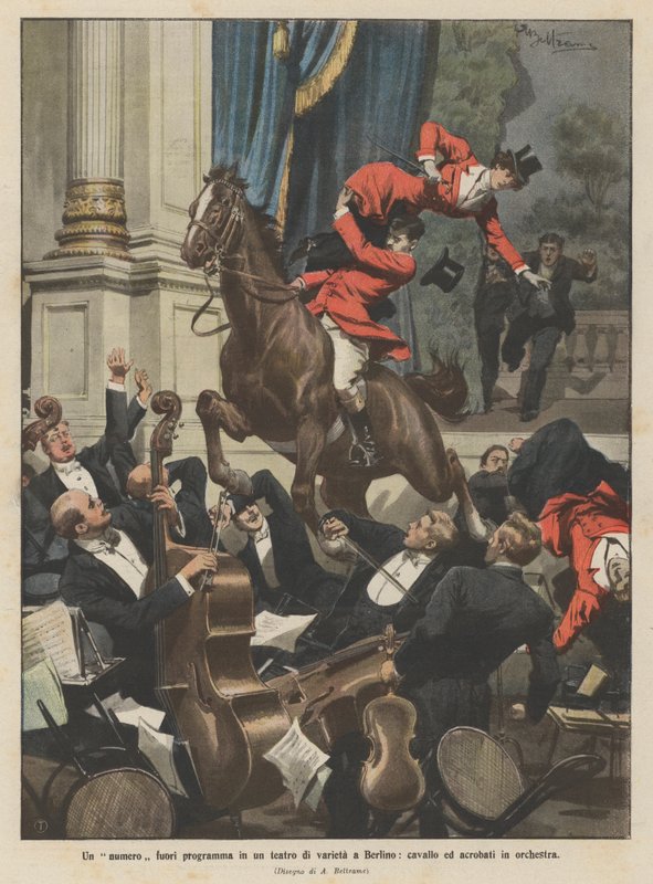 Een onverwacht nummer in een variététheater in Berlijn, paard en acrobaten in het orkest door Achille Beltrame