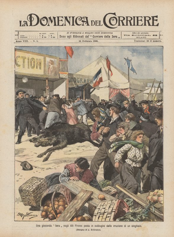Een vrolijke kermis in de Hoge Pyreneeën opgeschrikt door de inval van een wild zwijn door Achille Beltrame