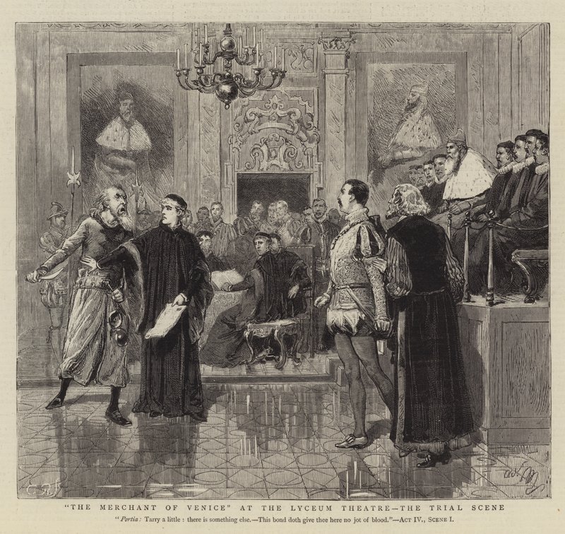 De Koopman van Venetië in het Lyceum Theater, de Rechtbankscène door Adrien Emmanuel Marie