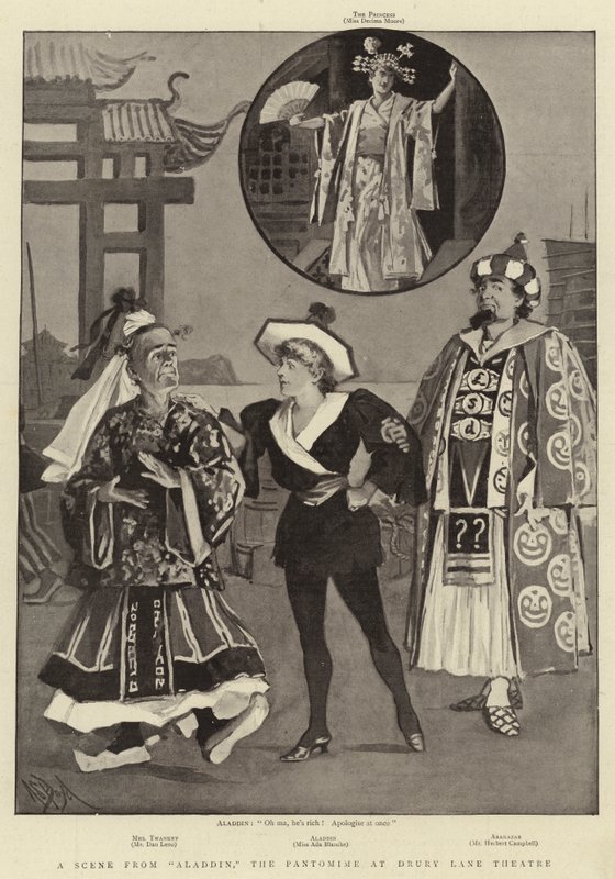 Een scène uit Aladdin, de Pantomime in Drury Lane Theatre door Alexander Stuart Boyd