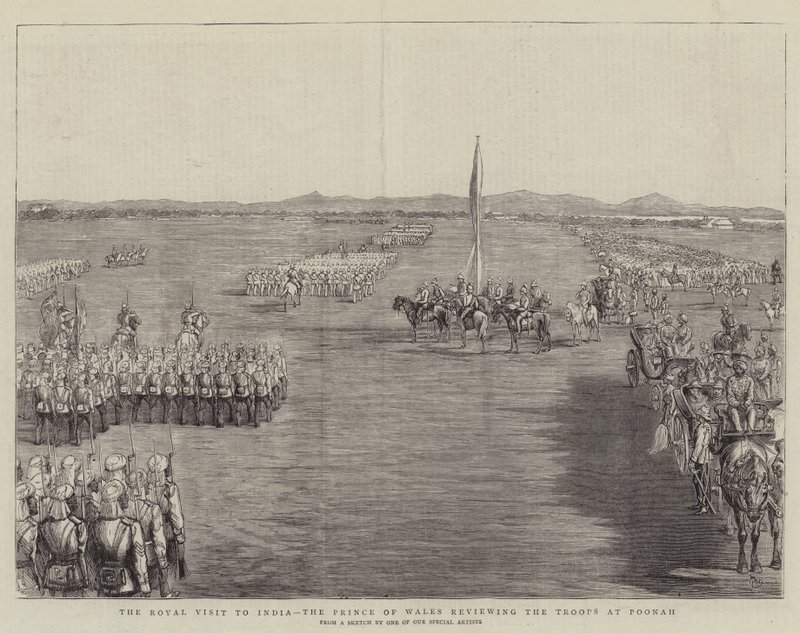 Het Koninklijk Bezoek aan India, de Prins van Wales inspecteert de Troepen in Poonah door Alfred Chantrey Corbould