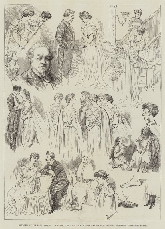 Schetsen bij de Repetitie van het Griekse Toneelstuk Het Verhaal van Troje, bij de Residentie van Sir C J Freake, South Kensington door Alfred Courbould