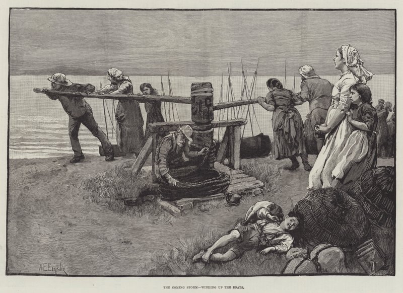 De Naderende Storm, het Oprollen van de Boten door Alfred Edward Emslie