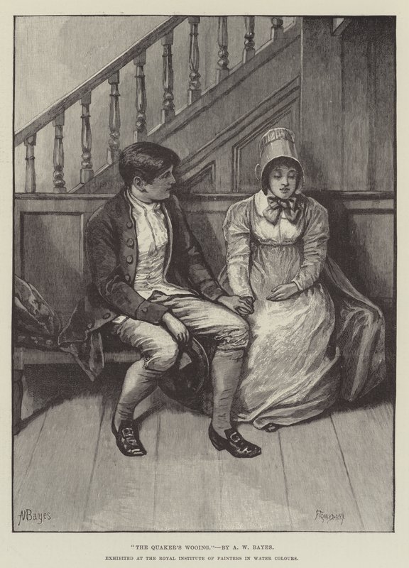 Het Huwelijksaanzoek van de Quaker, tentoongesteld bij het Royal Institute of Painters in Water Colours door Alfred Walter Bayes
