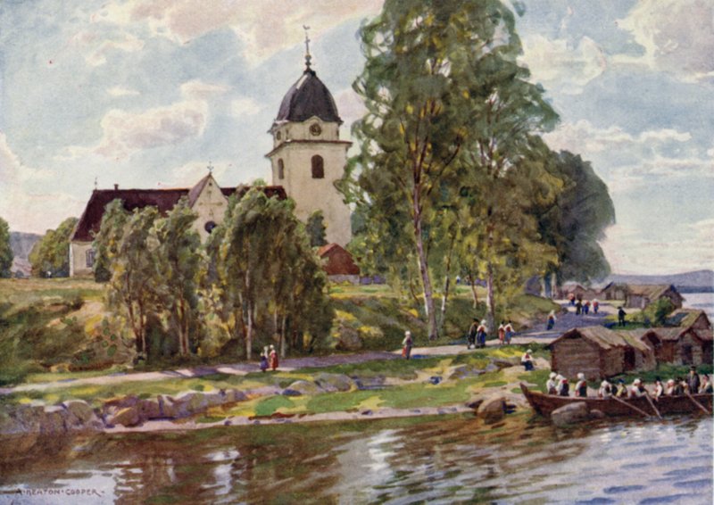 Zondag in Rattvik, Dalecarlia door Alfred Heaton Cooper