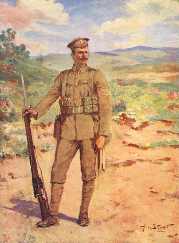 WO1: Een moderne Britse soldaat (kleur litho) door Allan Stewart