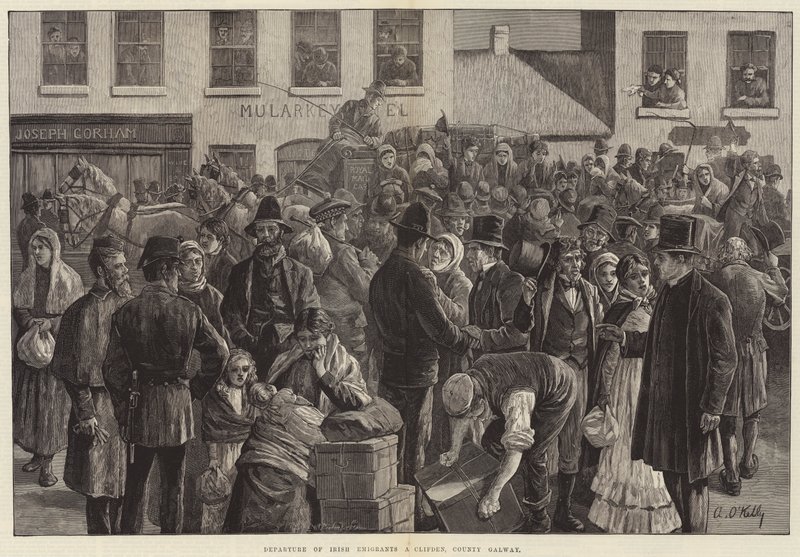 Vertrek van Ierse emigranten in Clifden, County Galway door Aloysius O