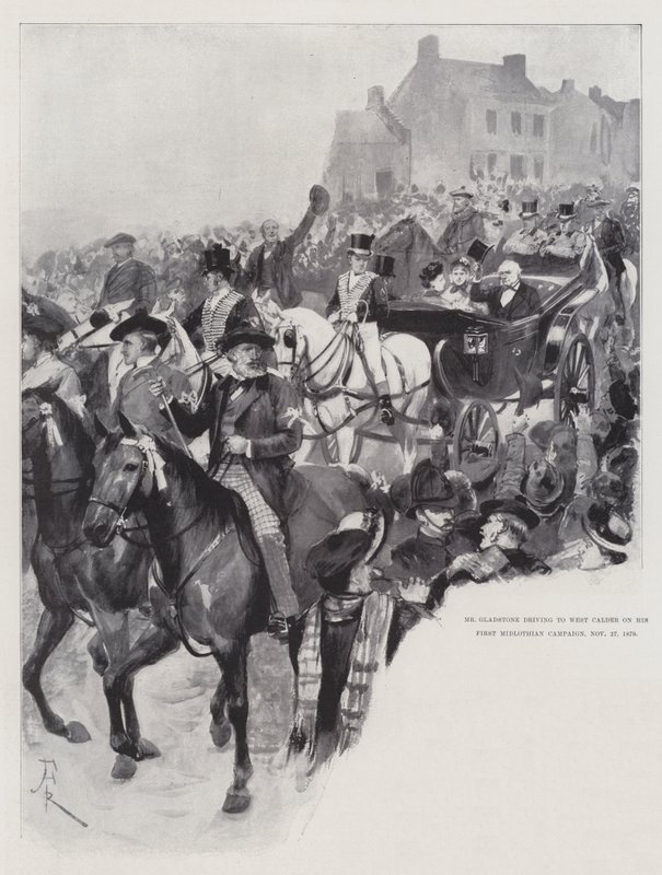 Mr Gladstone die naar West Calder rijdt tijdens zijn Eerste Midlothian Campagne, 27 november 1879 door Amedee Forestier