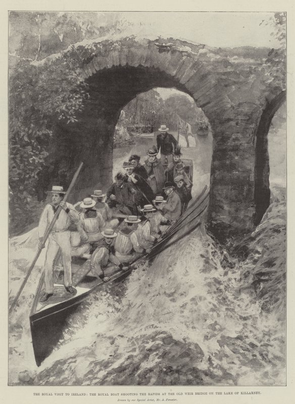 Het koninklijk bezoek aan Ierland, de koninklijke boot die de stroomversnellingen passeert bij de Old Weir Bridge op het meer van Killarney door Amedee Forestier