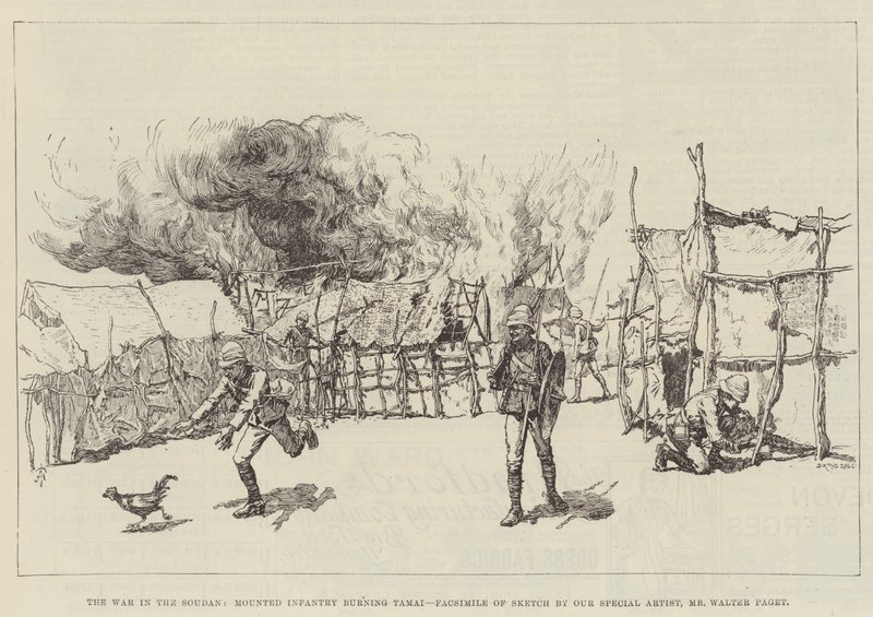De oorlog in de Soedan, gemonteerde infanterie die Tamai verbrandt door Amedee Forestier