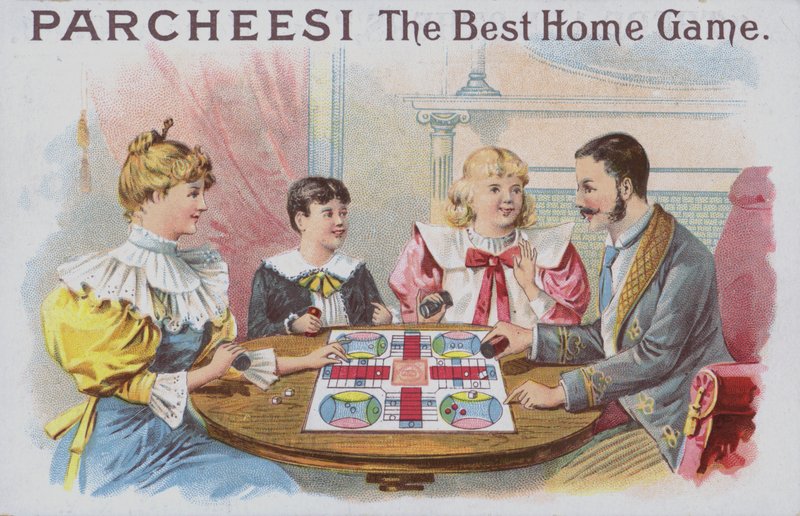Gezin dat een spelletje Parcheesi speelt door American School