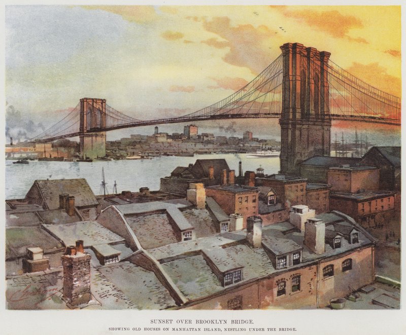 Zonsondergang over Brooklyn Bridge door American School