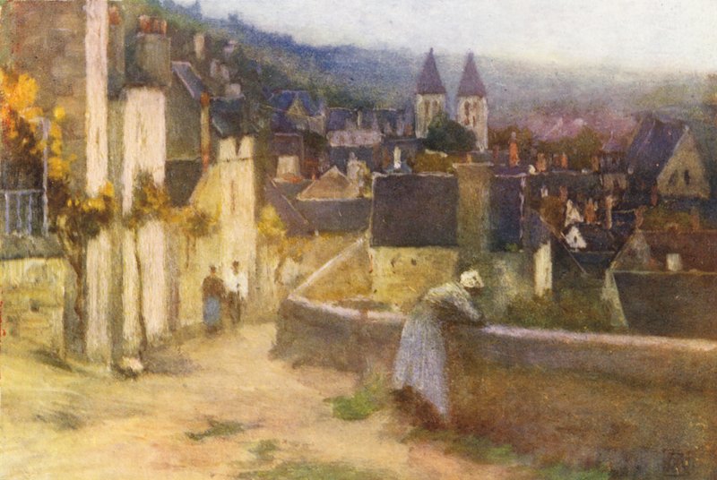 Chinon vanaf het kasteel (kleur litho) door Amy B. Atkinson