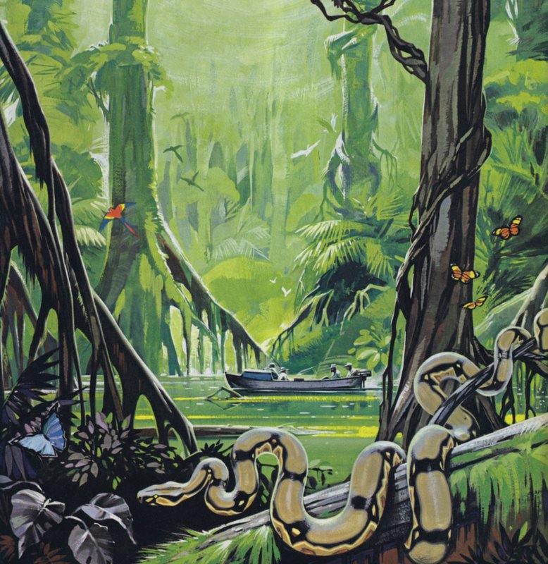 Verkenning van de rivier de Amazone (kleurenlitho) door Angus McBride