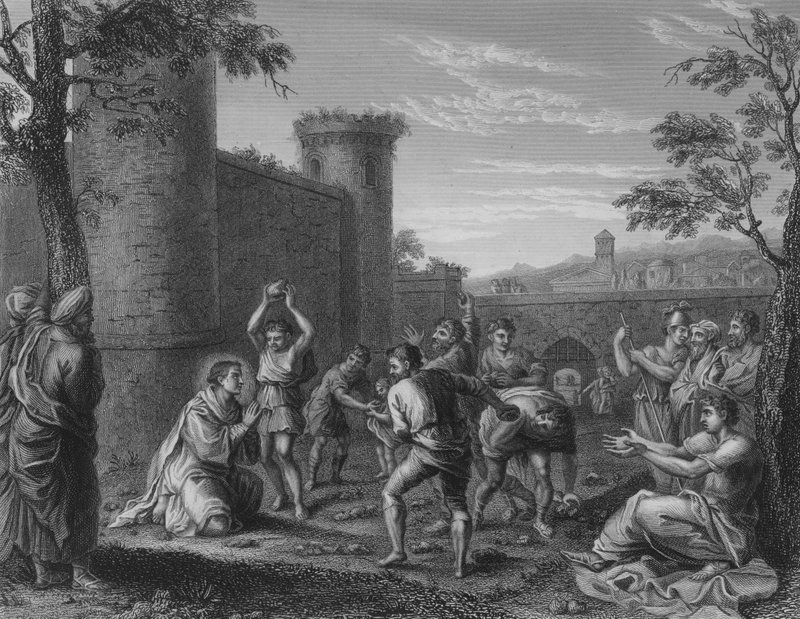 De steniging van St. Stefanus (gravure) door Annibale (after) Carracci