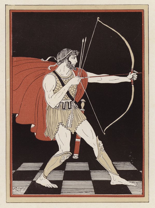 Odysseus spant zijn boog door Armand Joseph Bonamy