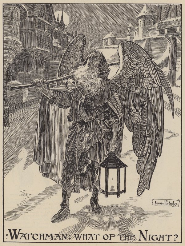 Wachter: Wat van de nacht? (gravure) door Bernard (after) Partridge