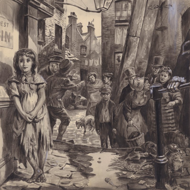 Victoriaanse achterbuurtscène (gouache op papier) door C.L. Doughty
