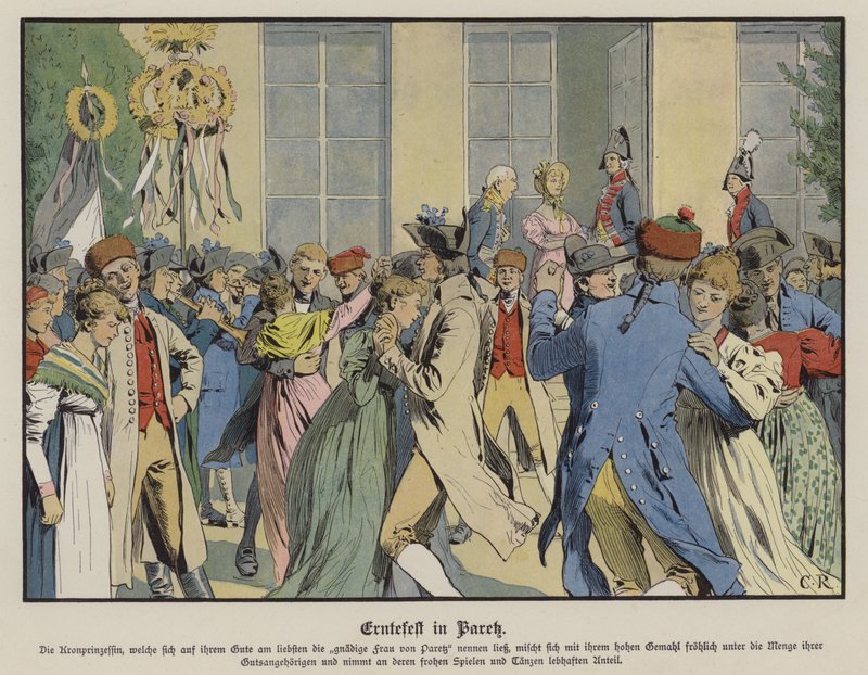 Oogstfeest in Paretz (kleur litho) door Carl Röchling