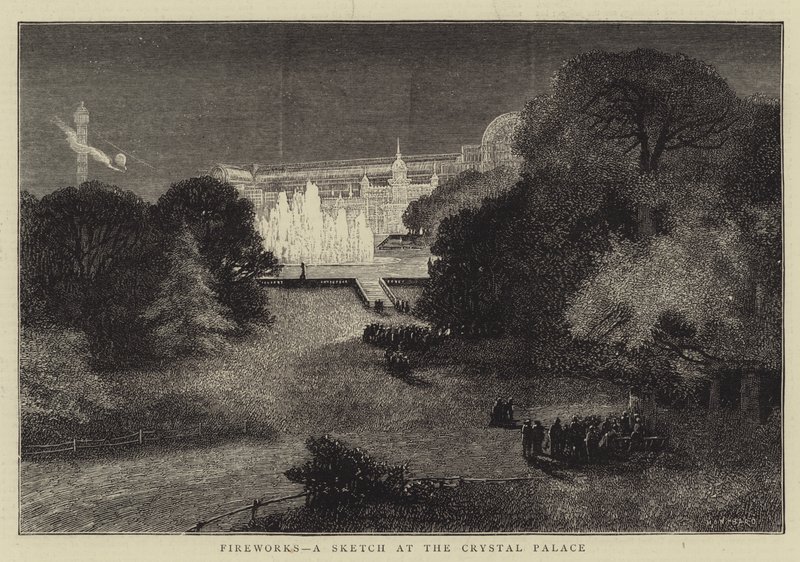 Vuurwerk, een schets in het Crystal Palace door Charles Auguste Loye