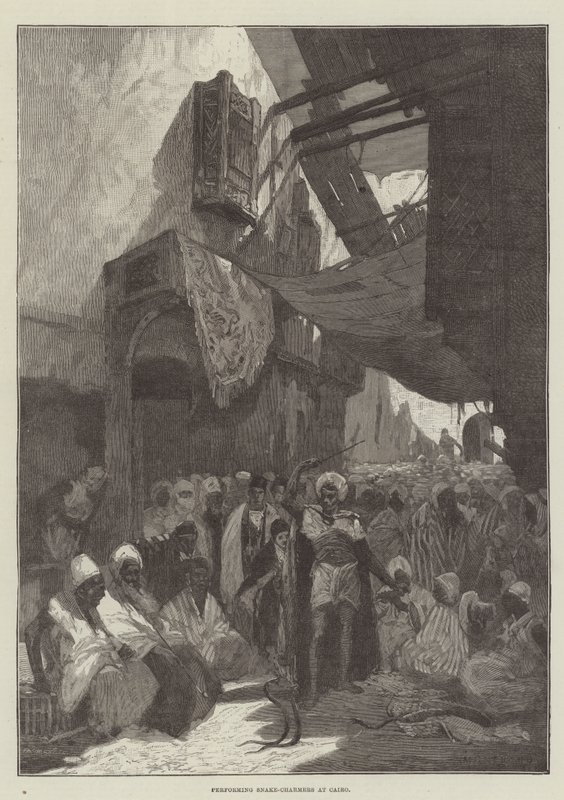 Optreden van slangenbezweerders in Caïro door Charles Auguste Loye