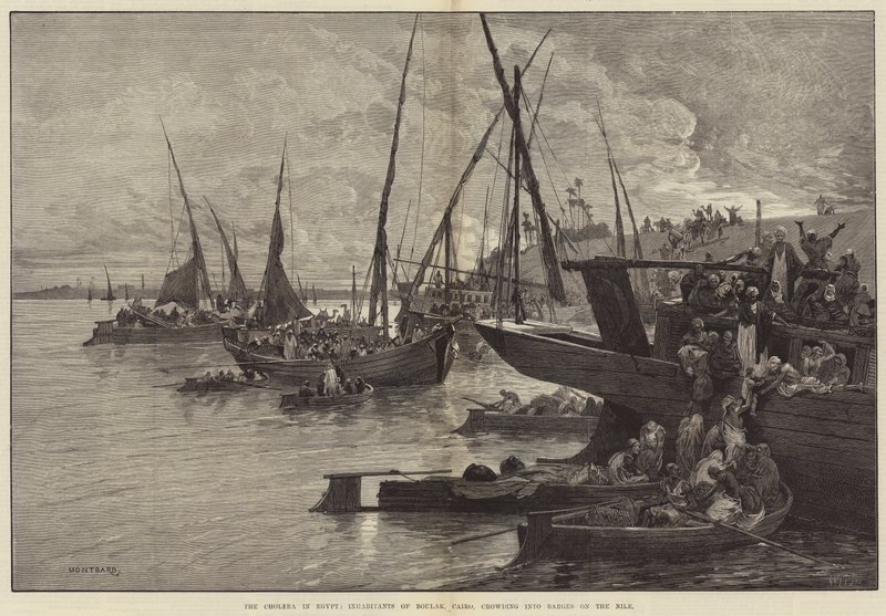 De cholera in Egypte, inwoners van Boulak, Caïro, dringen zich in schuiten op de Nijl door Charles Auguste Loye