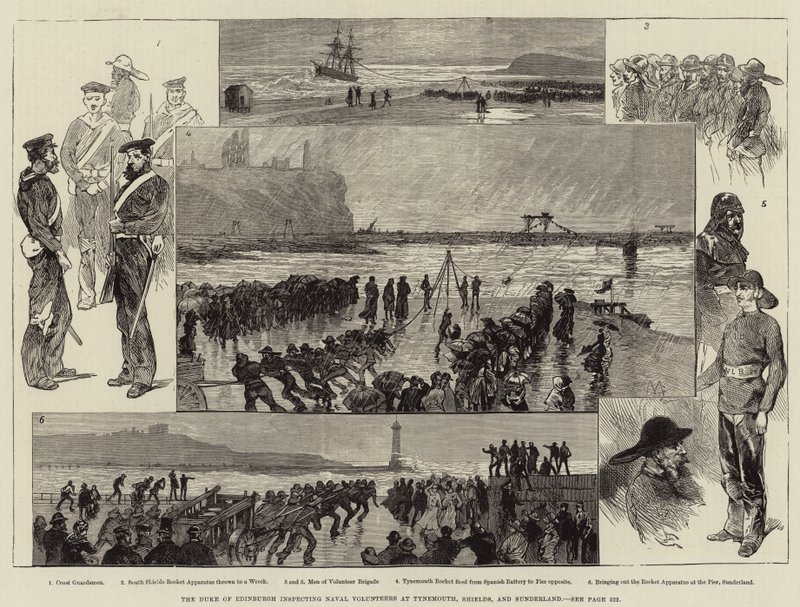 De hertog van Edinburgh inspecteert marinevrijwilligers in Tynemouth, Shields en Sunderland door Charles Auguste Loye