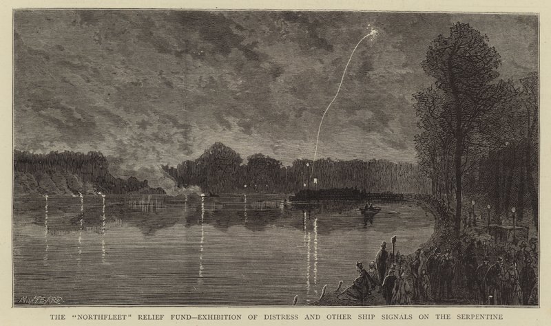Het Northfleet Relief Fund, tentoonstelling van nood- en andere scheepssignalen op de Serpentine door Charles Auguste Loye