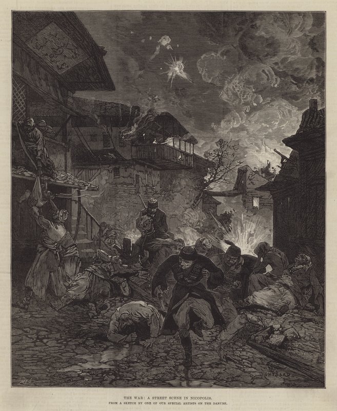 De oorlog, een straattafereel in Nicopolis door Charles Auguste Loye
