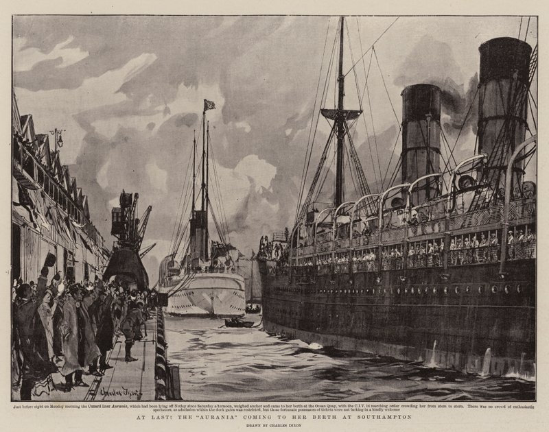 Eindelijk, de Aurania komt aan in Southampton door Charles Edward Dixon