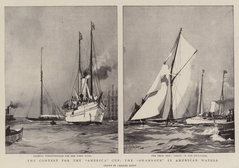 De wedstrijd om de America Cup, de Shamrock in Amerikaanse wateren door Charles Edward Dixon