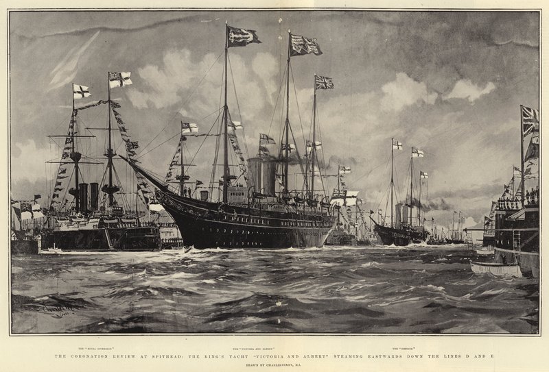 De kroningsreview bij Spithead, het koninklijke jacht Victoria en Albert stoomt oostwaarts langs de lijnen D en E door Charles Edward Dixon