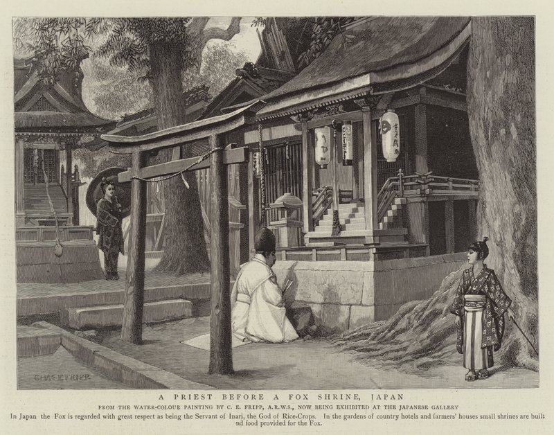Een Priester voor een Vossenschrijn, Japan door Charles Edwin Fripp