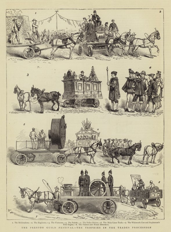 Het Preston Guild Festival, de Trofeeën in de Ambachtsprocessie door Charles Edwin Fripp